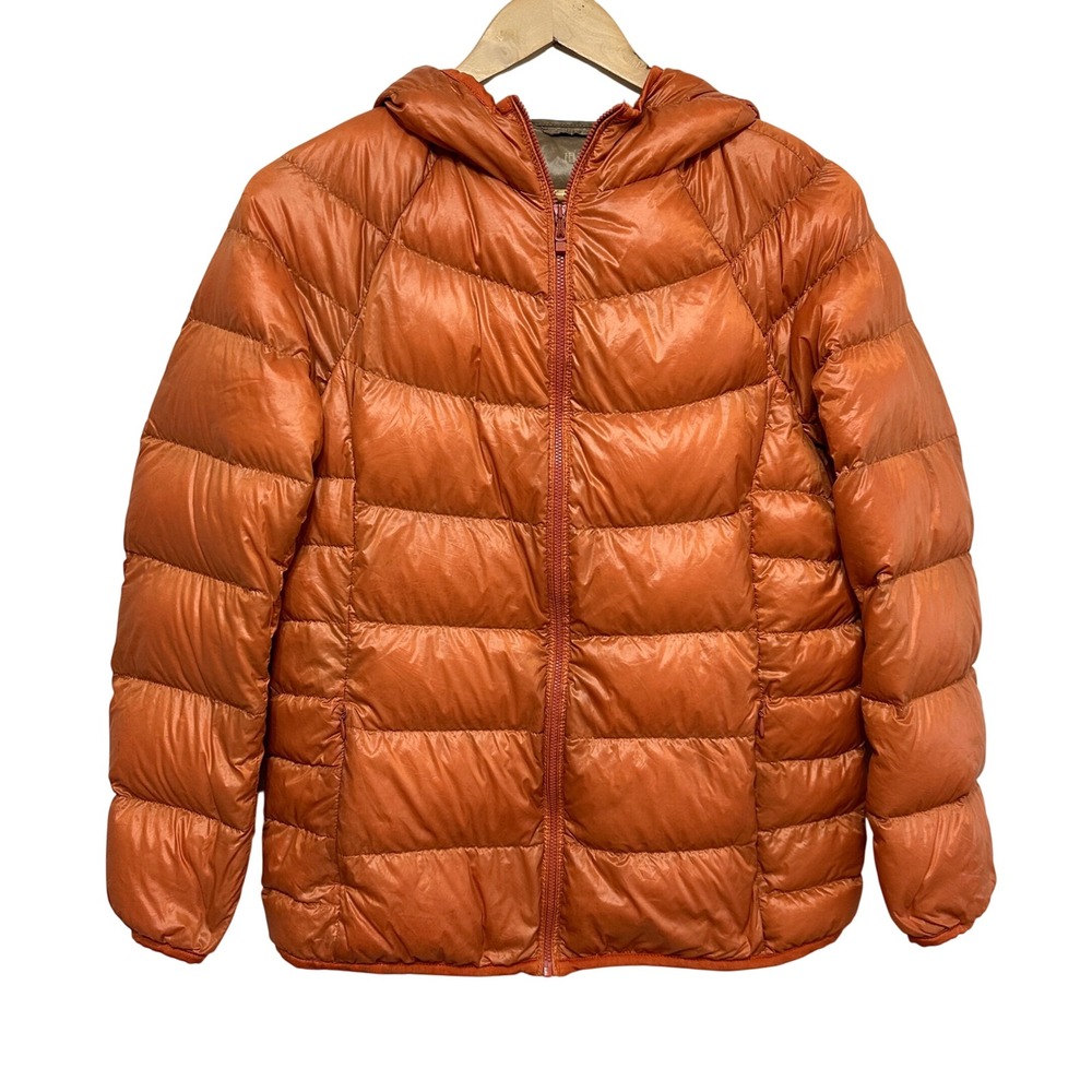 Uniqlo Ultra Light Down Puffer Jacket Women Large Orange Hooded Packable Coat